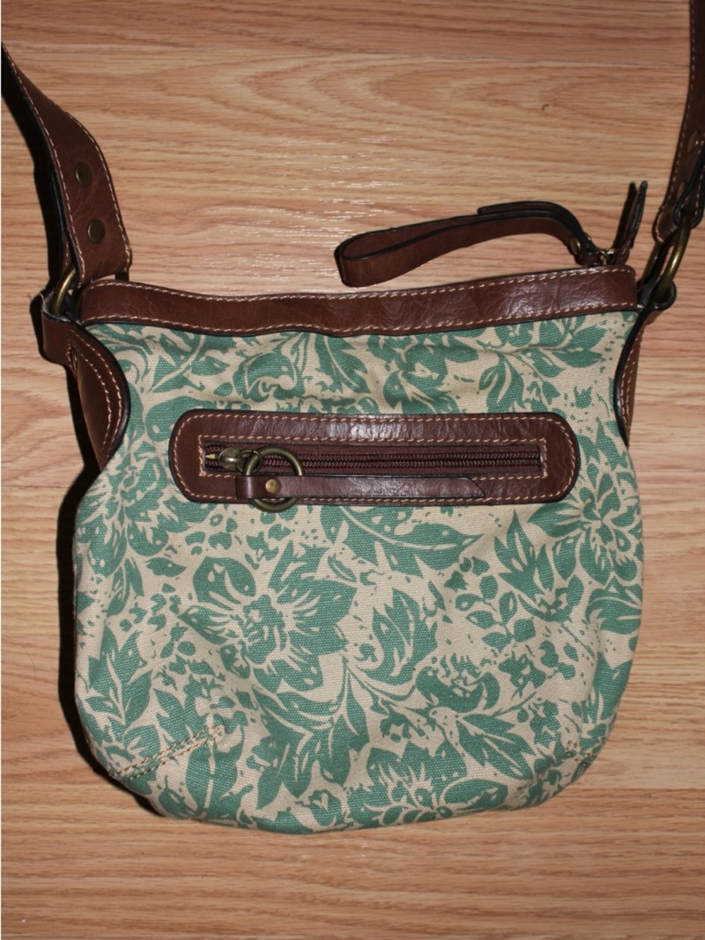 Teal Floral Canvas Crossbody Bag with Brown Leather Trim